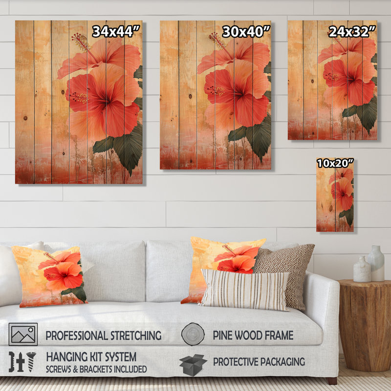 Coucher de soleil sur un hibiscus à Madagascar - Reproduction traditionnelle en bois orange sur bois de pin naturel
