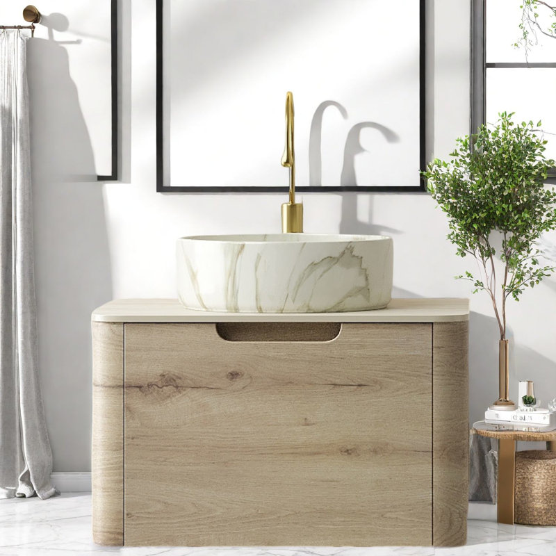 Meuble-lavabo moderne avec lavabo en céramique, finition chêne blanc