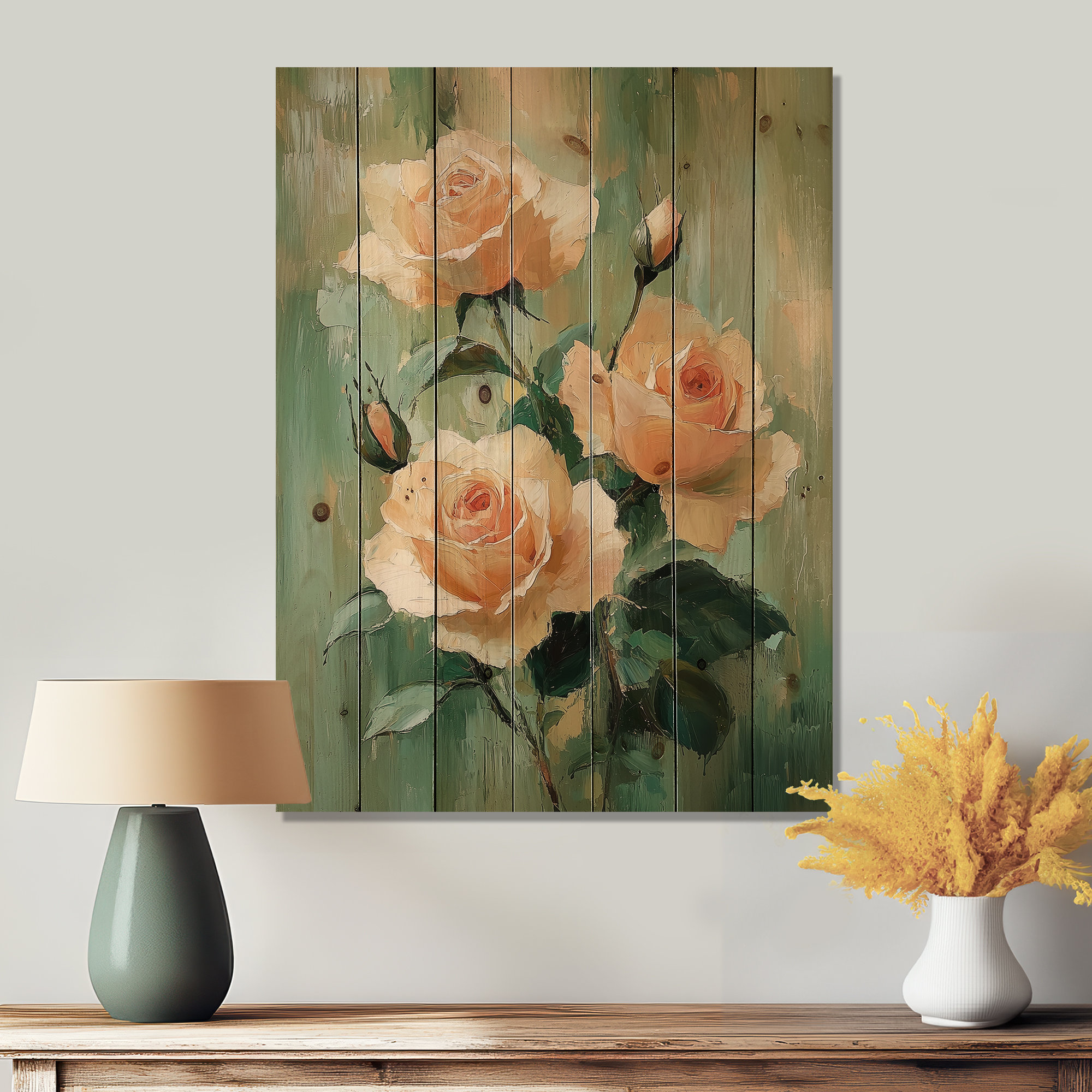 Ophelia & Co. Pink Green Garden Roses Serenity II - Roses Wood Wall ...