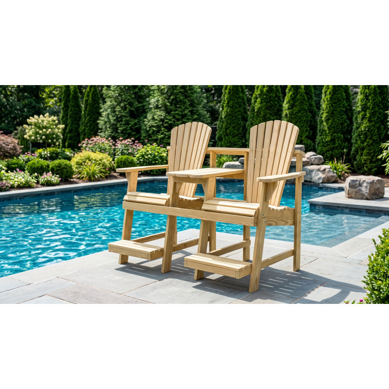 Adirondack Balcony/Pub Double Seater with Built in Table and Footrests – Has 1-5/8” Umbrella Hole and  Elevated Seating for Deck, Porch & Balcony Railings. Solid Pressure Treated Wood – Made in the USA