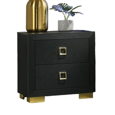 Modern 1Pc Nightstand Black Color Center Glide 2-Drawers Bedside Table Square Pulls Bedroom Furniture(Includes Only Nightstand)
