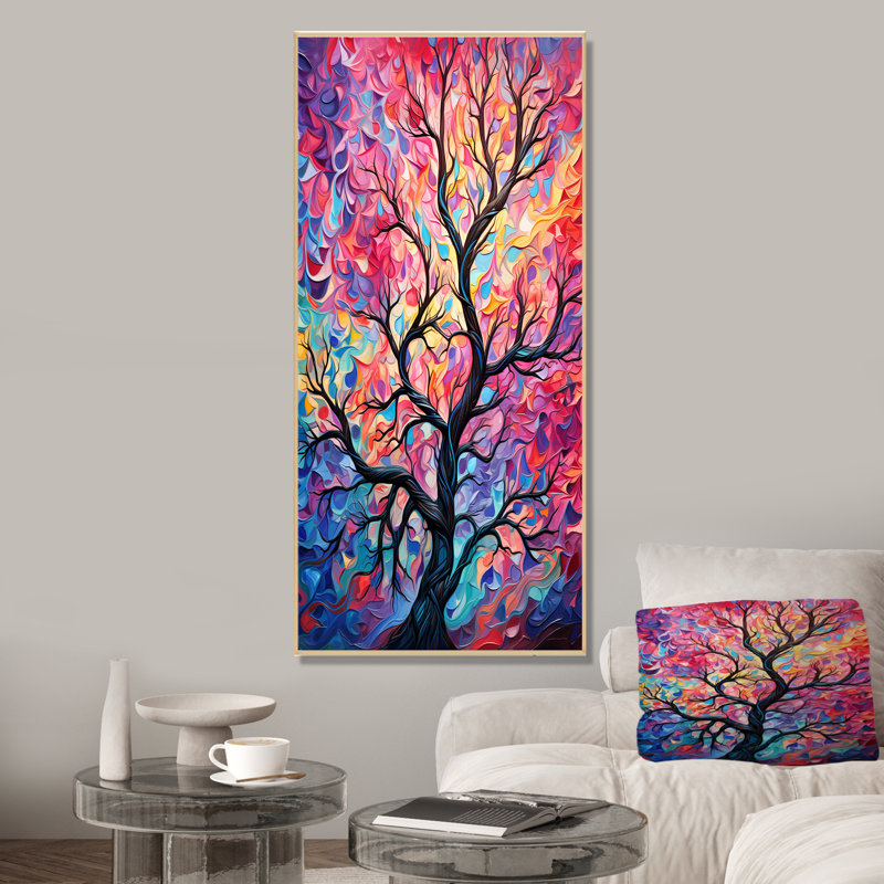 «Pink Tree Essence I» - art mural arbre, Cadre flottant brun, H 60 po x l 28 po x P 1,5 po
