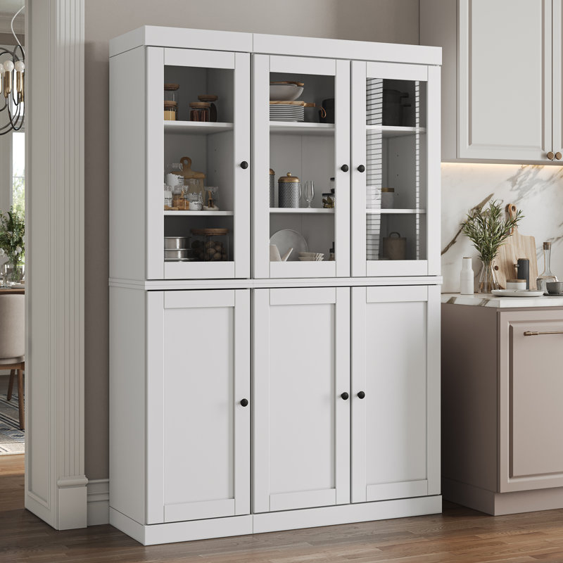 Vaisselier 100% bois massif 48,5 po avec portes Shaker, verre transparent et tablettes réglables Palace Imports, Blanc