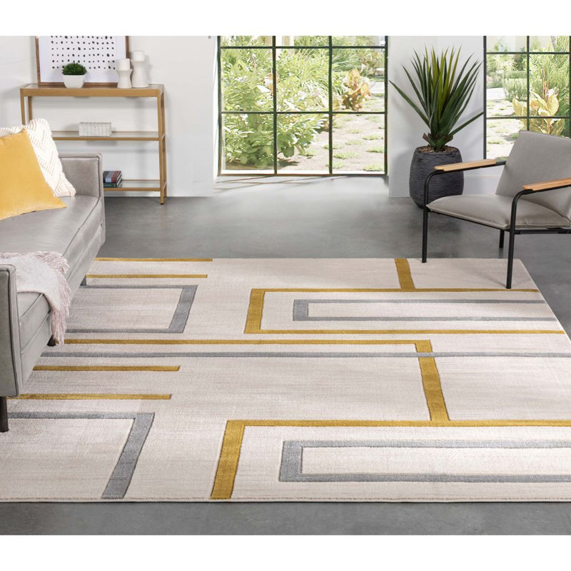 Clarys Gold Modern Geometric Lines 3D Textured Rug, Rectangle 3'11" x 5'3"