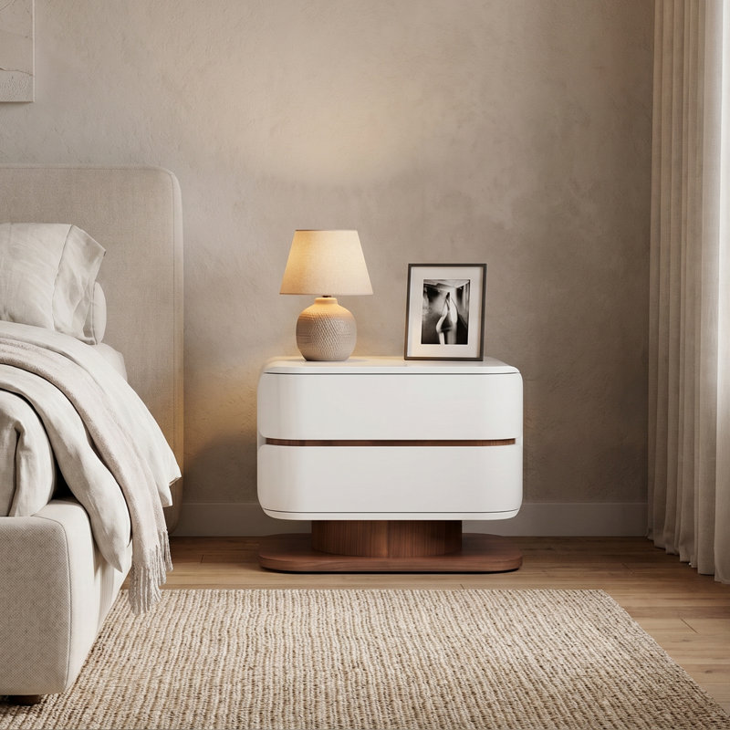Modern White 2-drawer Nightstand With Walnut Rotating Base - 26.8"