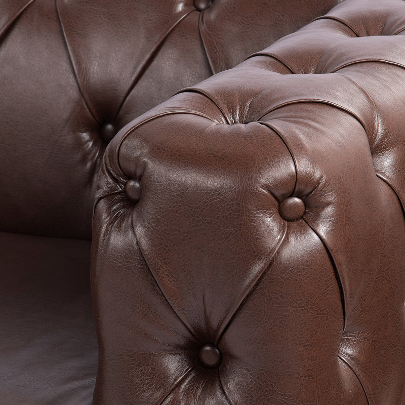 Canapé 3 places avec accoudoirs carrés, 211 cm de large, coussins amovibles, revêtement en polyuréthane brun foncé, pieds en fer, design attrayant, style moderne.