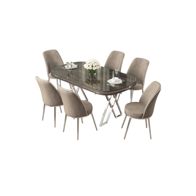 Ensemble de table et chaises de salle à manger 7 pièces Modern, finition anthracite et chrome | Table 66,1 x 29,9 x 35,4 po, chaises 17,7 x 35,8 x 16,5 po | Panneau 100% laqué, pieds en métal, tissu Babyface, assise en mousse confortable