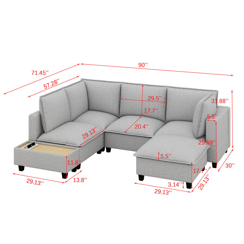 Ensemble de canapé modulaire moderne en chenille en U de 90 po, canapé modulaire avec repose-pieds mobile, table basse avec dispositifs de chargement cachés