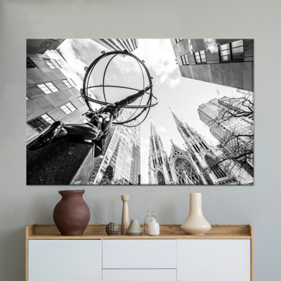 Printed Canvas: Black and White NYC Tempered Glass Art,1P Wrapped Canvas