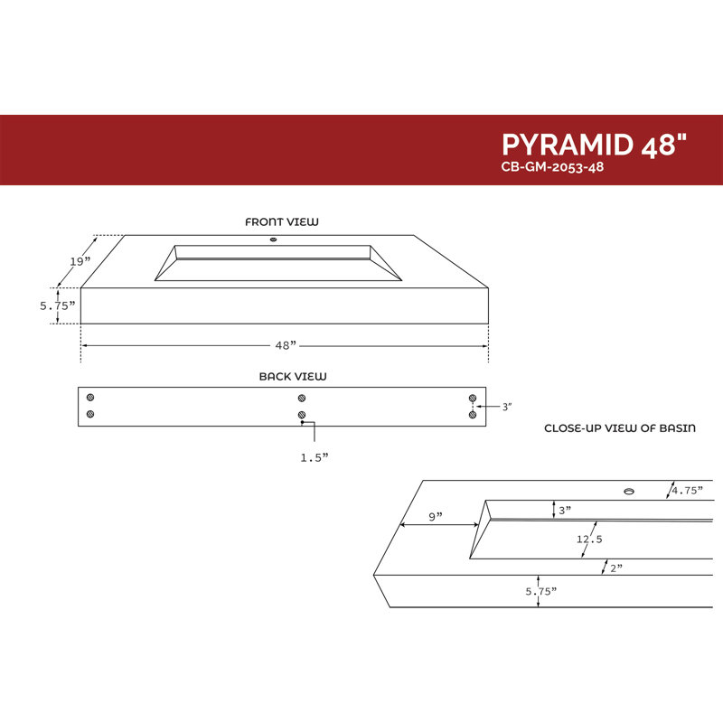 Pyramid 48'' Solid Surface Rectangular Vessel Bathroom Sink, Gray