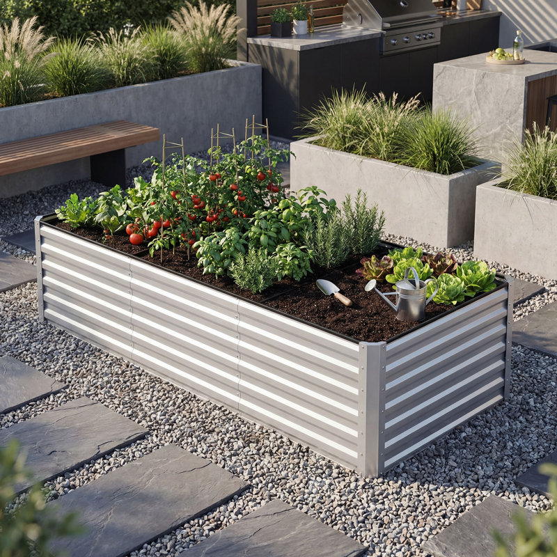 Galvanized Raised Garden Bed With Gloves, Silver, 24" H x 96" W x 48" D