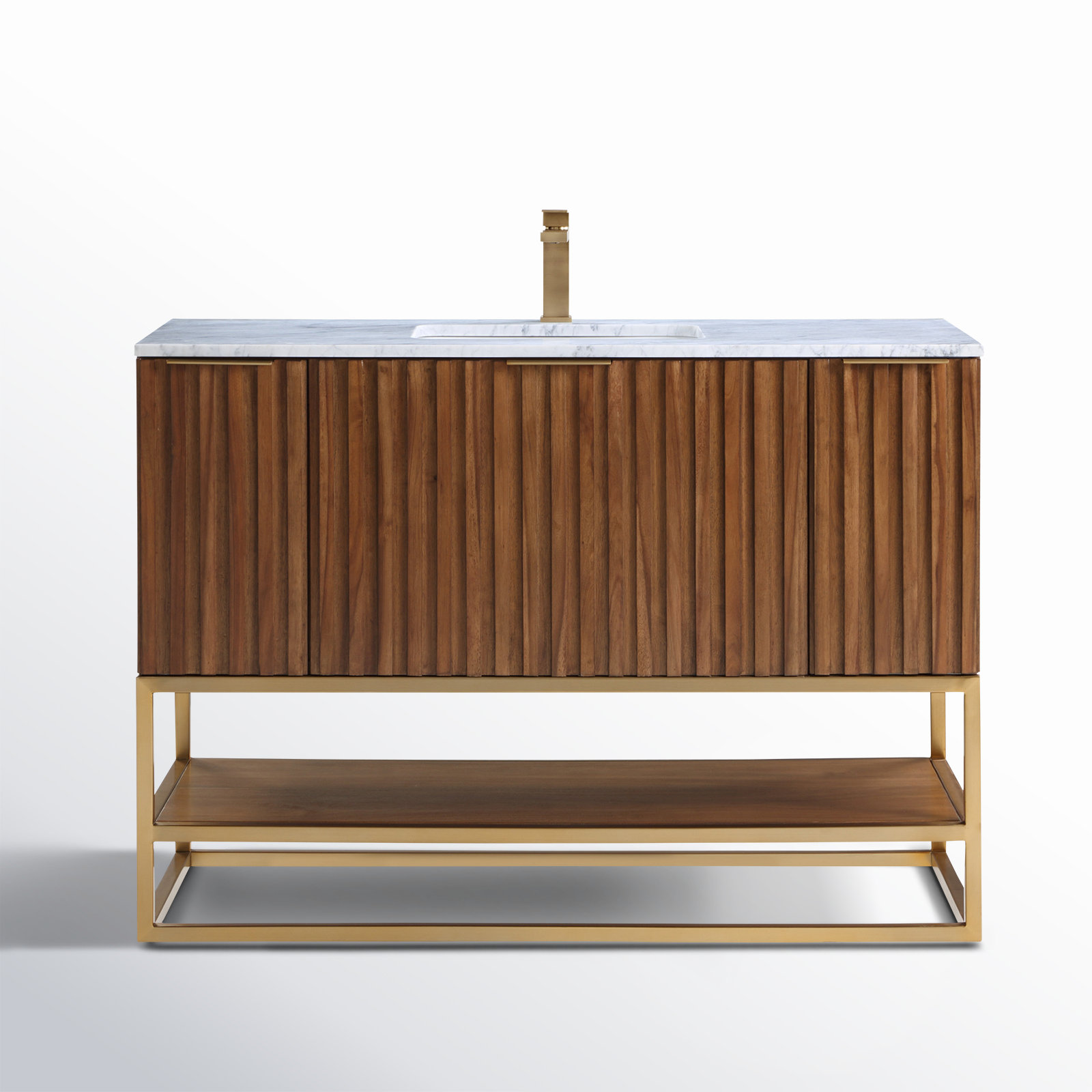Terra 48'' Single Bathroom Vanity, Carrara Marble/Single Faucet Mount, Walnut, Satin Brass