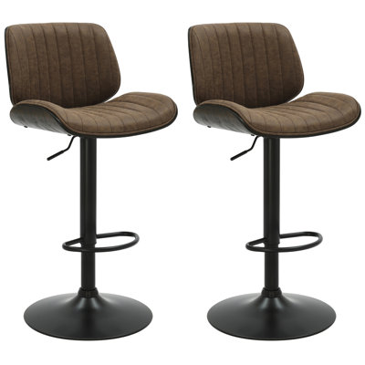 Westerfield Adjustable Swivel Vintage Dark Brown Curved Back Wood Bar Stool With Faux Leather Seat Set Of 2