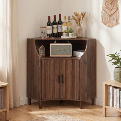 Fluted Corner Accent Cabinet With Sliding Doors And Storage Shelf