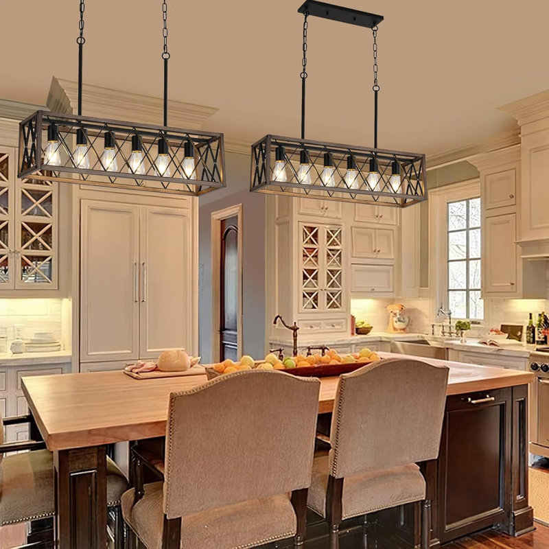 Éclairage pour îlot de cuisine Farmhouse, lustre rustique avec finition grain de bois, luminaire réglable à 6 lumières pour la salle à manger, la cuisine et le bar