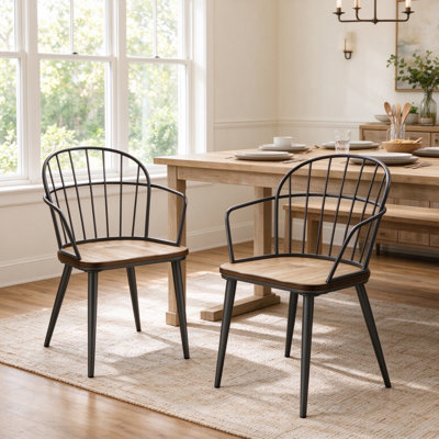 Ensemble de 2 fauteuils rustiques industriels de style Windsor avec chaises incurvées et pieds gris fer