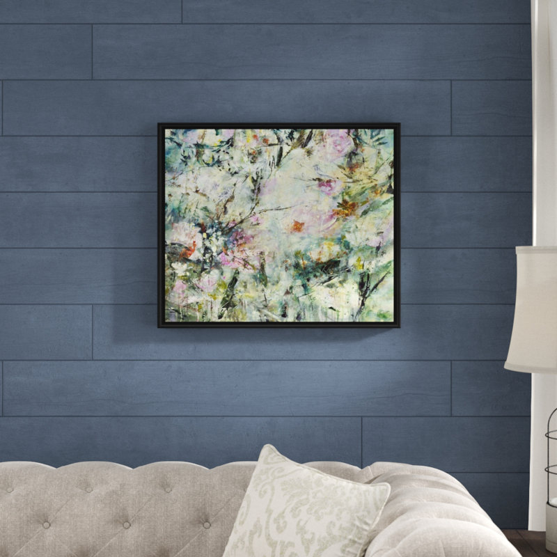 « pivoine fleuri », peinture sur toile, H 21,7 po x l 25,7 po x p 1,75 po, Cadre flottant noir