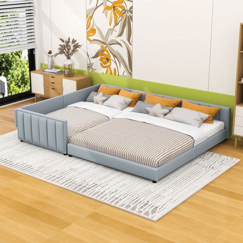 Grand lit plateforme tapissier en similicuir avec lattes, Gris