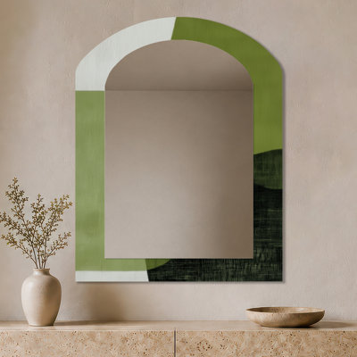 Miroir mural moderne arqué - Minimalisme vert avec formes simples de noir II, impression métallique