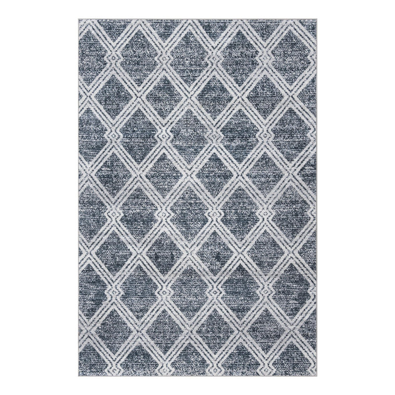 Tapis géométrique en polyester bleu / ivoire Massie, Rectangle 6 pi 1 po x 9 pi