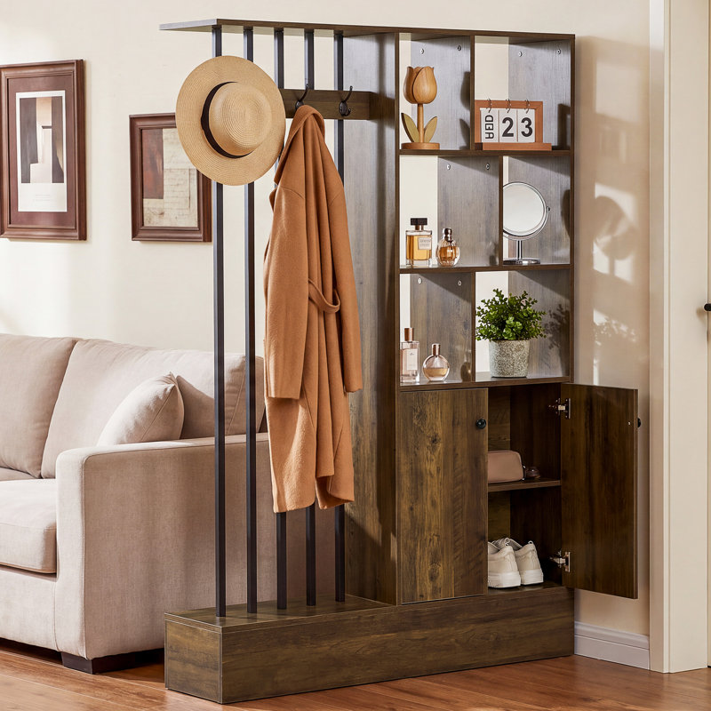 Cloison de séparation autoportante en bois brun de 180 cm (70,9 po) avec 5 étagères, armoire de rangement et porte-manteau.