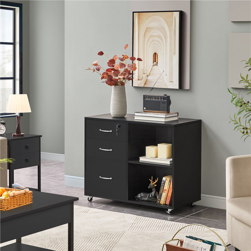 3 -Drawer 2- Shelf Mobile Filing Cabinet, Black