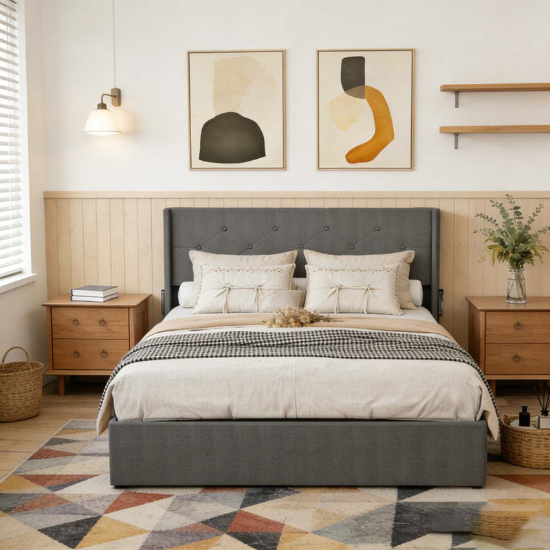 Cadre de lit avec rangement - Lit de rangement relevable avec tête de lit moderne à oreilles, Lit double, Gris foncé