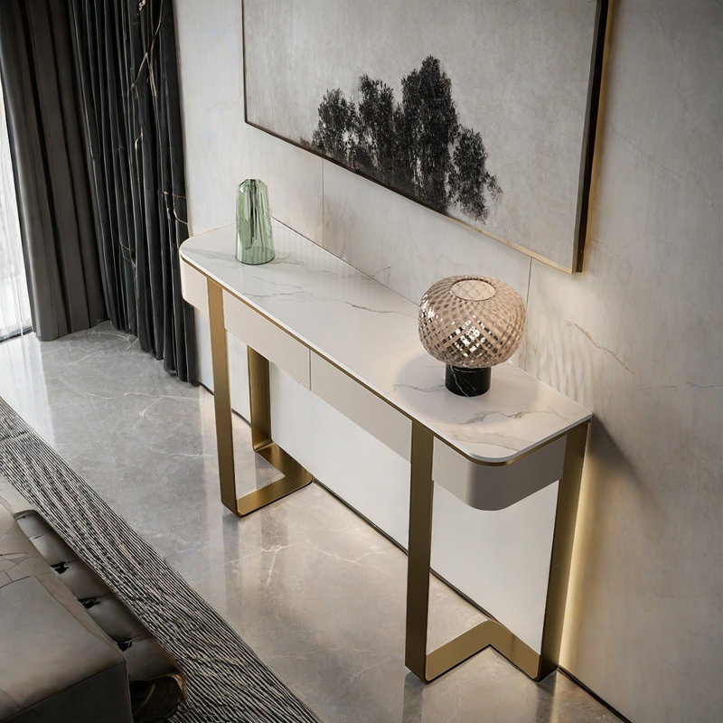 Console Luxury, Or champagne, H 33,5 po x l 63 po x P 13,8 po, Blanc