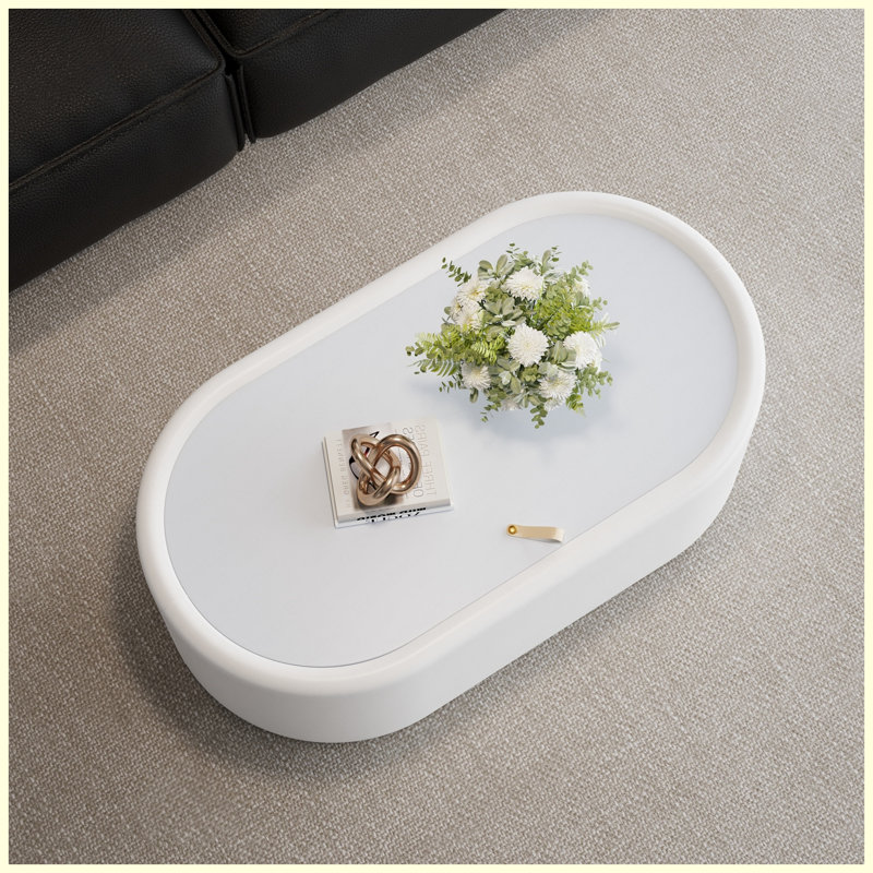 Table basse de rangement ovale cachée 33,46 po, plateau en verre trempé certifié 3C et table de rangement en cuir de qualité supérieure revêtue de cuir blanc moderne