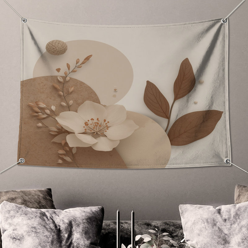Beige Floral Composition Wall Tapestry - Flower Wall Decor, 50in H x60in W with 4 Grommets