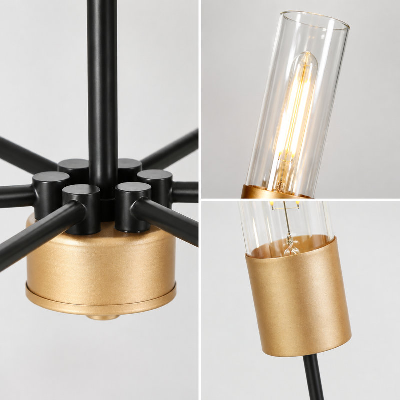 Lustre moderne Sputnik à 6 lumières, or et noir, 111 cm (43,7 po), intensité variable, hauteur réglable de 244 cm (96 po).