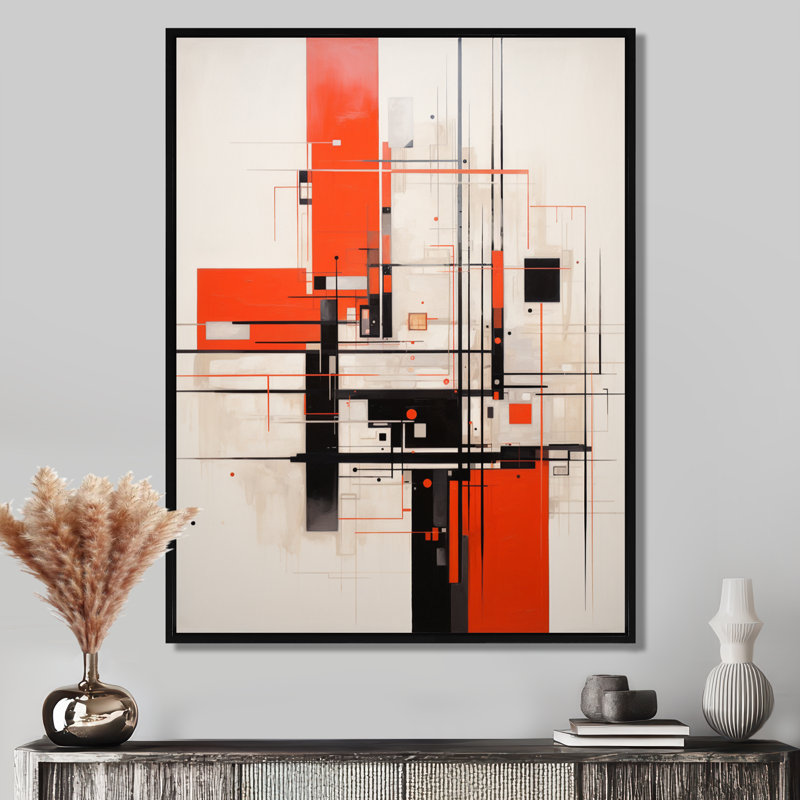 Rouge, noir, blanc, rétro, géométrie, impression d'art géométrique murale, Cadre flottant noir, H 20 po x l 12 po