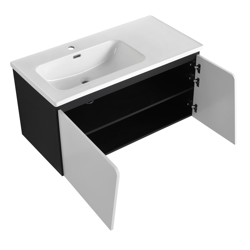 Meuble-lavabo flottant mural avec lavabo en céramique et porte d'armoire à fermeture en douceur