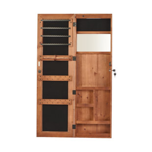 Solid Wood Jewelry Armoire Cabinet, Wall Mounted, Lockable, Led Light, 47.5X14.3 In, Full Length Mirror, Brown