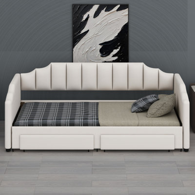 Extendable Upholstered Daybed With Two Storage Drawers And LED Light