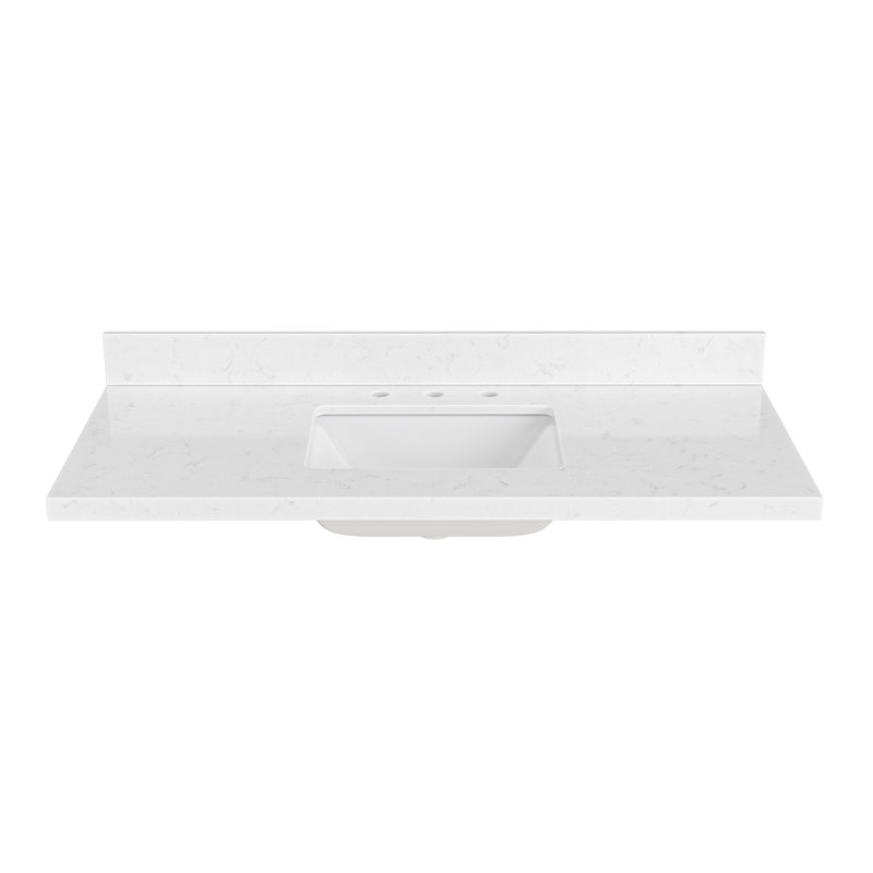 Comptoir de meuble-lavabo en quartz blanc Carrara de 48 po Ariel avec rebord à onglet de 1,5 po d'épaisseur avec lavabo simple rectangulaire et dosseret inclus
