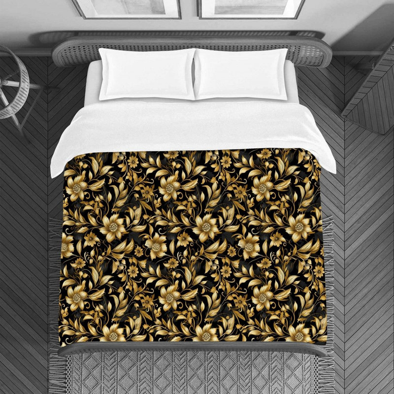 Machine Printed Duvet Cover, Twin Duvet Cover, Black/Gold