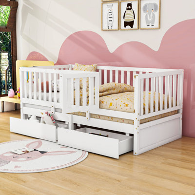 Storage Wooden Floor Bed with Guardrails and 2 Drawers