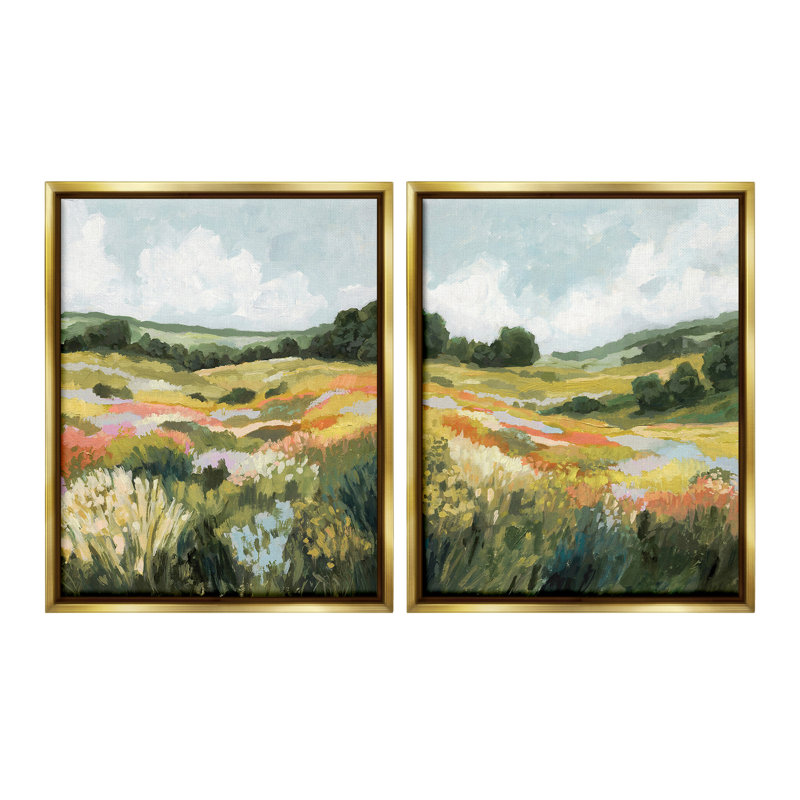"Vast Meadow Peinture" par Victoria Barnes 2 - Pièces sur toile, H 31 po x l 50 po, Cadre flottant métallique doré