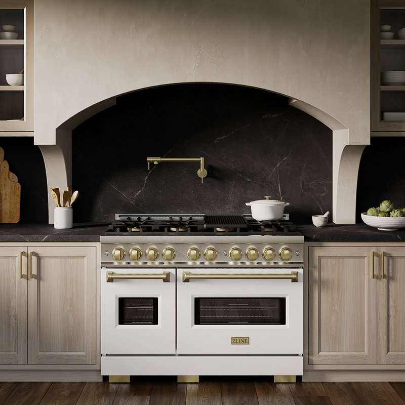 ZLINE Autograph 48 po. Cuisinière à double carburant DuoPro classique en acier satiné avec accents blancs et bronze