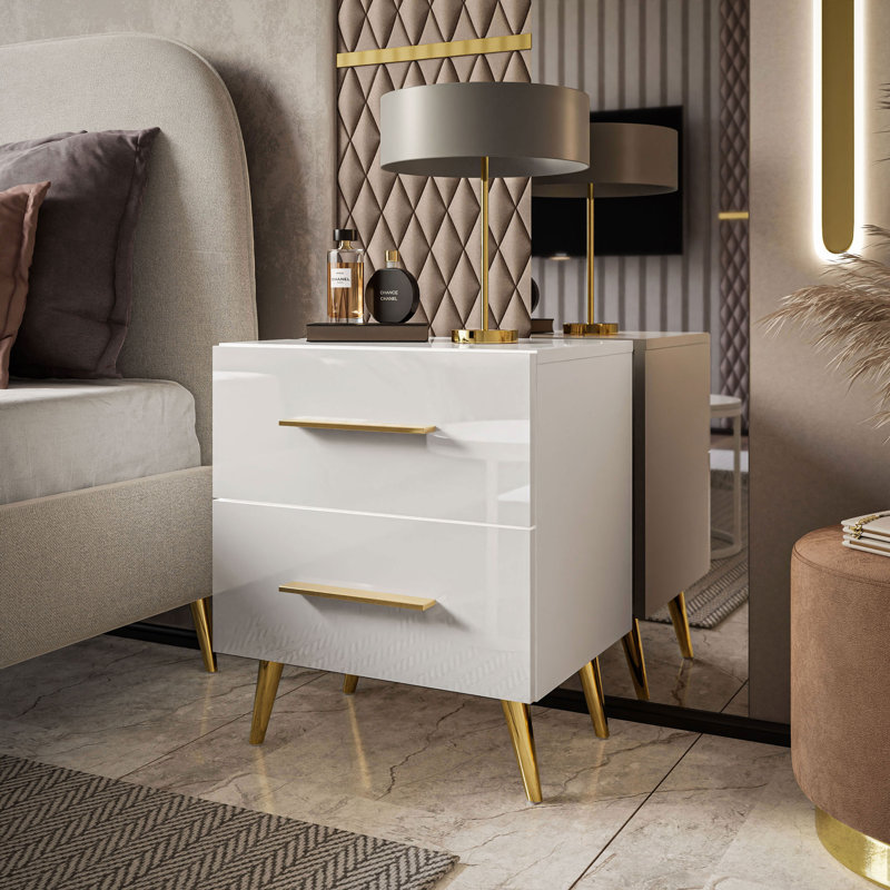 Berke LUX Nightstand on Legs with Glossy Top, White/Gold
