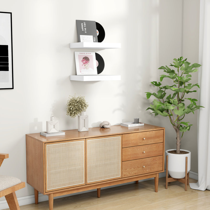 2-Piece Floating Wall Shelves, 9.3" Deep, Wall-Mounted Design, White, 1.5" H x 16" W x 9.3" D