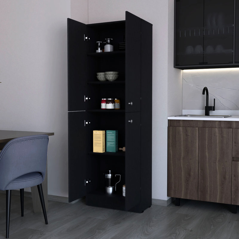Garde-manger noir avec 5 tablettes et 4 portes pour la cuisine, Black