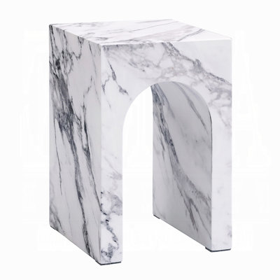 Ritzy End Table, White Marble Faux Stone Single Arch Design 12 Inch