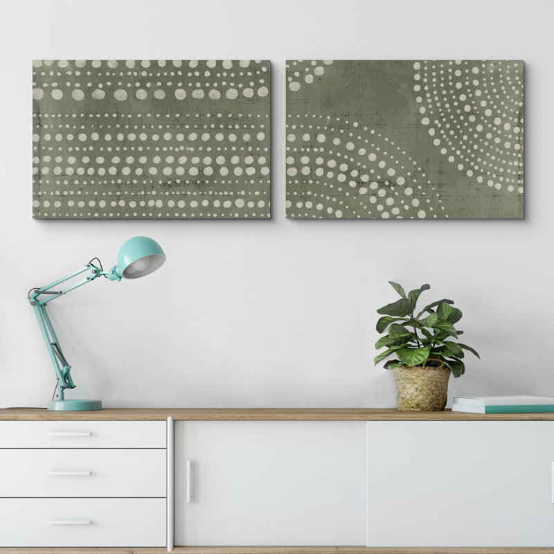 Mid-Century «Olive Green Tones Abstract Modern Dot Matrix Geometric», 2 pièces, H 16 po x l 24 po, Toile tendue