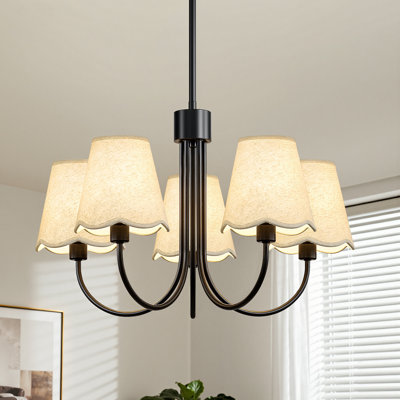 5-Light Modern Dining Room Chandelier with Linen Shades, Height Adjustable