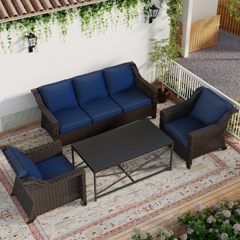 5-Person Durable PE Rattan Outdoor Conversation Set, Blue