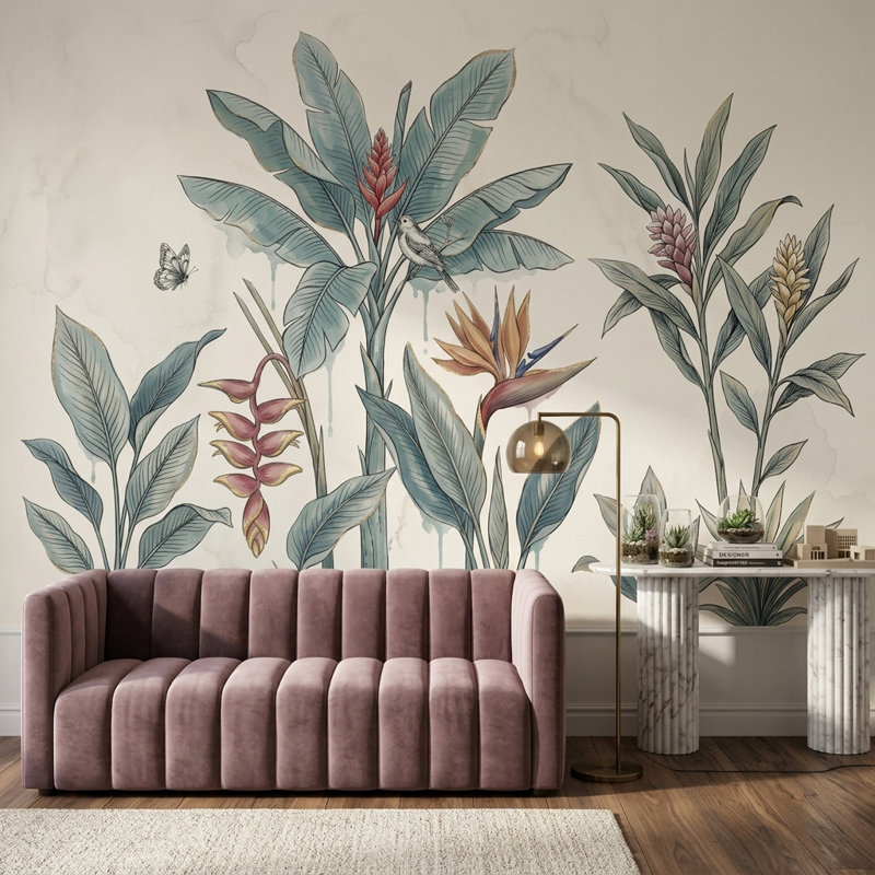 Papier peint botanique tropical avec aquarelle et feuilles de bananier, 140 po x 108 po, Peler et coller