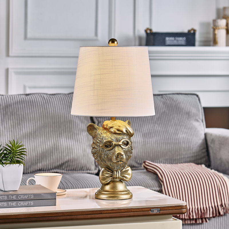 23" Gold Resin Bear Table Lamp With Glasses And Linen Shade, Gold, White