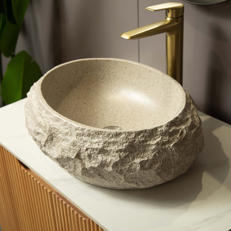 18'' Bathroom Sink, Irregular Oval Resin Vessel Basin With Stone Pattern, Artistic Style Sink, NO Faucet, Beige